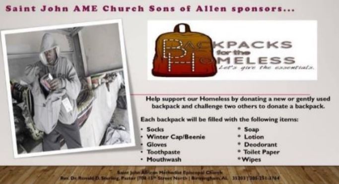 BACKPACKS FOR THE HOMELESS Saint John AME Birmingham